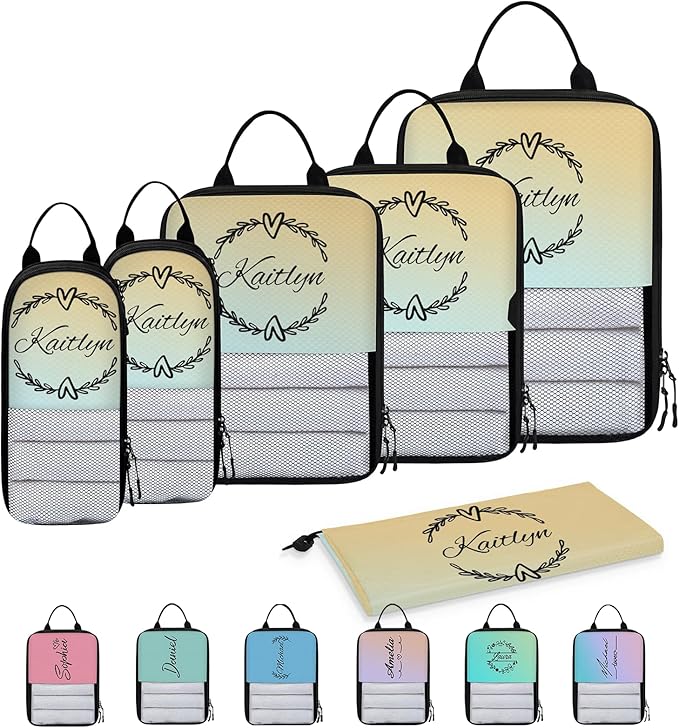 Custom 6 Set Compression Packing Cubes with Name Personalized Compressible Expandable Packing Organizers Luggage Carry On Suitcase Bags Travel Accessories Gifts