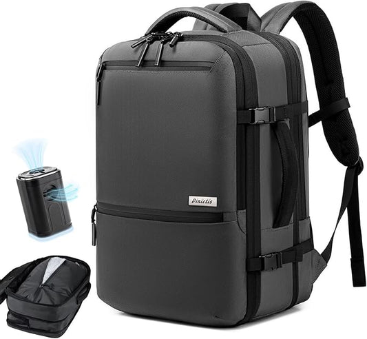 Dinictis Vacuum Seal Backpack 60L with Pump, Expandable Backpack with Vacuum Compression fits 17 inch Laptop, Water Resistant Carry On Suitcase Luggage suit for Short Trip and Business-Dark Grey