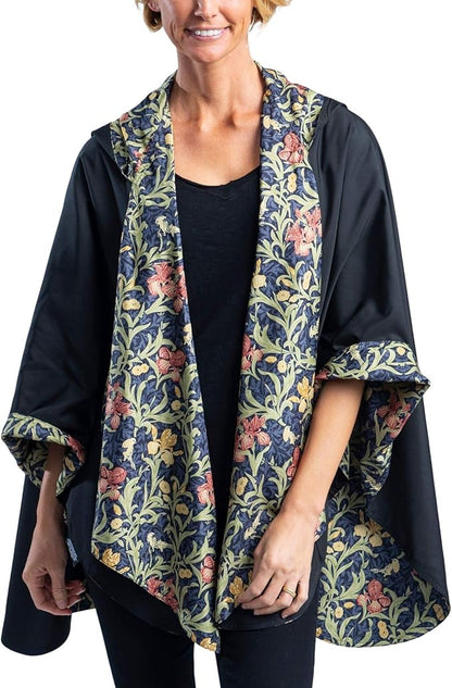 RainCaper Rain Poncho for Women - Reversible Rainproof Hooded Cape in Gorgeous Ultrasoft Colors (Black/Wm Morris Gold Flowers)