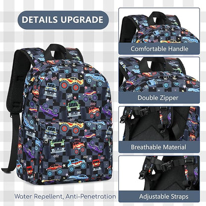 CAMTOP Backpack for Kids, Boys Girls Preschool Backpacks with Lunch Box Toddler Kindergarten School Bookbag Set (Vehicle Black Check)