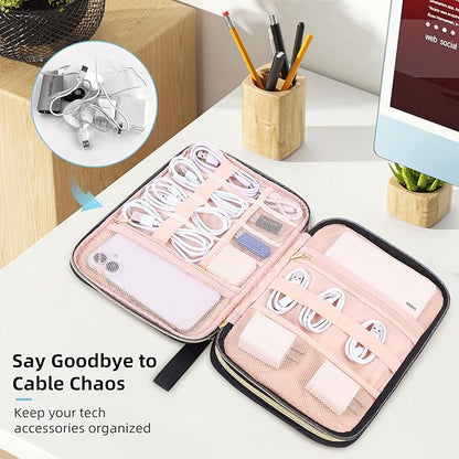 Electronics Organizer Travel Case, Charger Bag Cord Organizer Travel, All-in-One Cable Organizer Bag for Charger, Cords, Phone, Headphones, Flash Drive, SD Card (Black, Large-Double Layer)