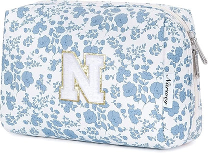 Narwey Birthday Gifts for Teen Girls Kids Women Personalized Initial Floral Makeup Bag Cute Cosmetic Trendy Stuff 6 8 10 11 12 13 14 16 18 Years Old Travel Toiletry Bag (Little Blue Flower N)