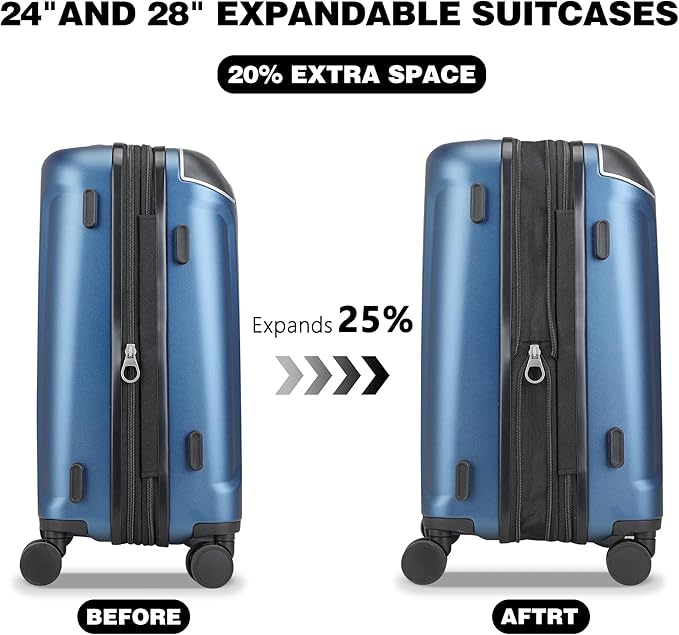 Luggage Sets 3 Piece with Cup Holder & USB Port, Expandable PC Hardside Durable Suitcases with Spinner Wheels & TSA Lock, 20/24/28 Inch, Blue