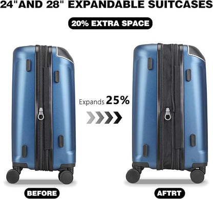 Luggage Sets 3 Piece with Cup Holder & USB Port, Expandable PC Hardside Durable Suitcases with Spinner Wheels & TSA Lock, 20/24/28 Inch, Blue