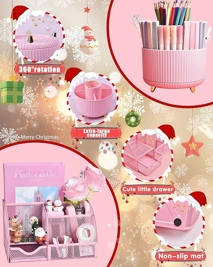 Pink Desk Organizers and Accessories With Mesh Desk Organizer and 360°Rotating Pen Holder and a Lot of Office Pink Office Supplies Beautifully Presented in a Gift Box Christmas Gifts