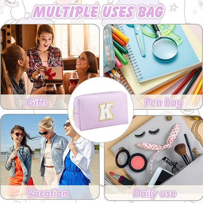 Gifts for Girls Initial Makeup Bag Personalized Cosmetic Bag with Zipper Cute Travel Toiletry Bag Waterproof PU Preppy Makeup Pouch Birthday Gift for Teen Girls Women(Purple K)