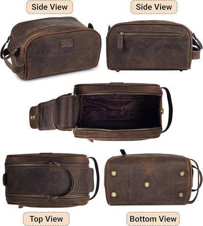 mds Genuine Leather Toiletry Bag for Men - Rustic Classic Vintage Handcrafted Full-Grain Leather Travel Dopp Kit with Waterproof Lining & Handle, Shaving & Grooming Kit Organizer Pouch - Rustic Brown