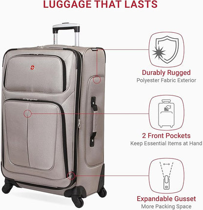SwissGear Sion Softside Expandable Luggage – Large Checked Suitcase with 360 Degree Wheels & Retractable Handle – 29 Inch, Perfect for 7-9 Night Trips – Pewter