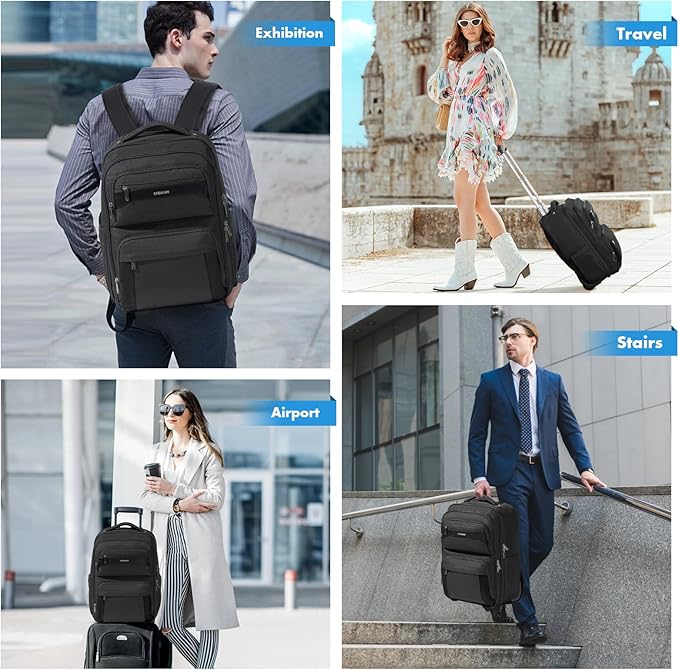 Rolling Backpack, 17.7inch Rolling Backpack With Wheels for Adults, Roller Carry On Luggage Wheeled Backpack, Rolling Laptop Backpack for Men Women to Travel Business, Black