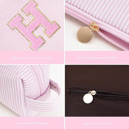 Monogrammed Gifts for Women - Cosmetic Bag for Teen,Initial Cute Makeup Bag Set for Women,Trendy Pouch for Niece Sister Friend Female Her,Birthday Gifts for Daughter - Pink,H