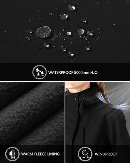 Outdoor Ventures Women's Lightweight Waterproof Fleece Lined Hooded Softshell Rain Jacket, Warm Windbreaker Long Coat