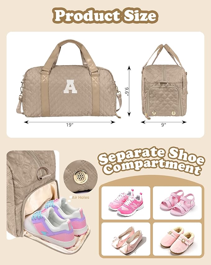 Initial Duffle Bag for Travel Women Girls Gift: Personalized Weekender bags, Dance Cheer bag Sports for Girl, Kid Gymnastics Bags, Birthday Gifts for Women Girls Kids Teens Mom Teacher