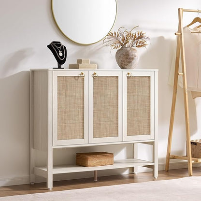 SICOTAS Rattan Shoe Cabinet with Storage - 30 Pairs Boho Shoe Organizer with 3 Doors & Adjustable Shelves, Large Farmhouse Shoe Rack Cabinet for Entryway, Hallway, Living Room (White)