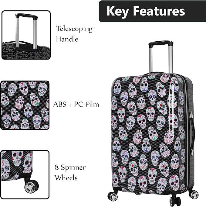 Betsey Johnson 26 Inch Checked Luggage Collection - Expandable Scratch Resistant (ABS + PC) Hardside Suitcase - Designer Lightweight Bag with 8-Rolling Spinner Wheels (Skull Party)