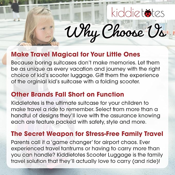 KIDDIETOTES Ride-On Scooter Suitcase for Kids – Hardside Lightweight Carry-On Luggage with Foldable Scooter, LED Wheels, Travel Fun for Toddlers & Children