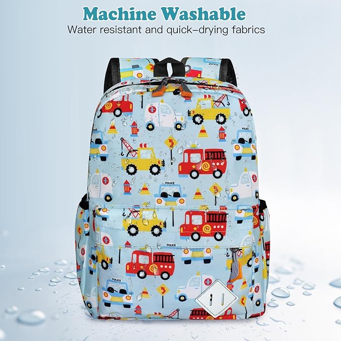 Kids Backpack for Girls Boys - 15 Inch Cute Cars Little Kids Backpack Waterresistant Toddler Preschool Kindergarten School Bag for Aged 3-8, Light Blue