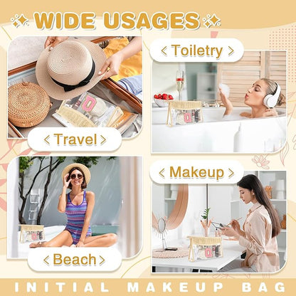 Small Boho Straw Initial Letter Makeup Bag Personalized Gift ,Cute Clear Chenille Patch Makeup Bag With Zipper,Trendy TSA Approved Travel Toiletry Bag,Gift for Women Girls Birthday Friend, Letter Q
