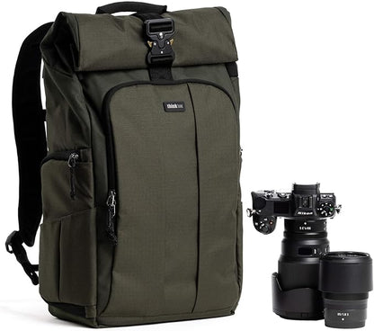 Think Tank FocusPoint 30L RollTop Camera Backpack - Greenway: Expandable Travel & Camera Backpack with Laptop Sleeve, Quick Side and Back Access, Rain Cover – Versatile Photography & Travel Bag
