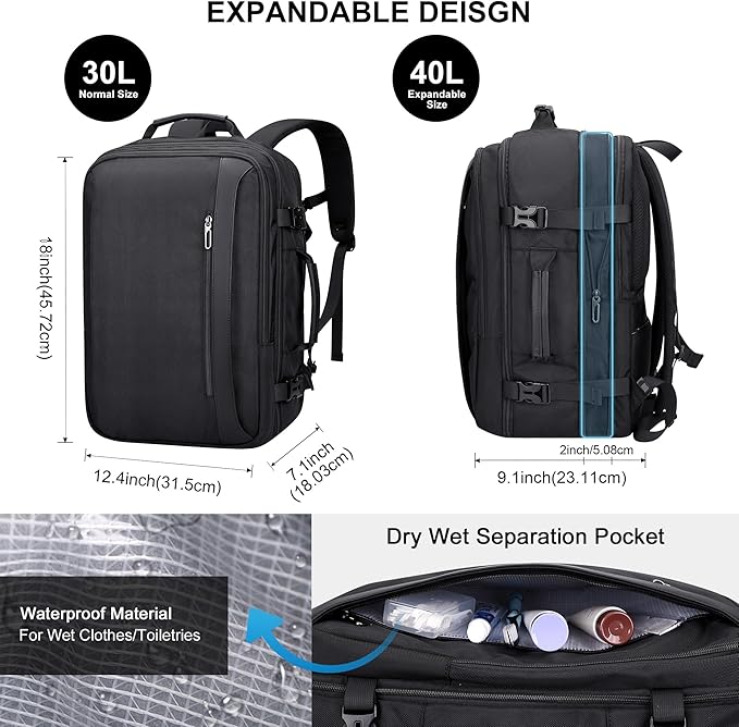 PIJUSHI Travel Backpack for Women Men Expandable Carry on Luggage Backpack Airline Approved Personal Item Laptop Bag(PE034 Black)
