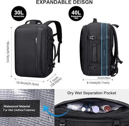 PIJUSHI Travel Backpack for Women Men Expandable Carry on Luggage Backpack Airline Approved Personal Item Laptop Bag(PE034 Black)