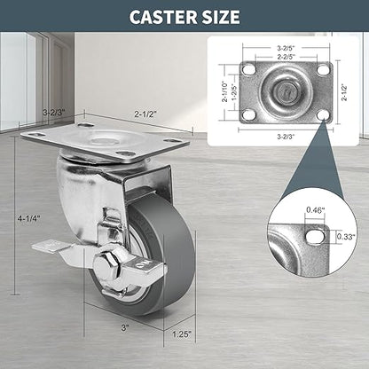 3 Inch Caster Wheels - Set of 4 Heavy Duty Rubber Castors With Brake 1200Lbs, Silent Industrial Plate Casters for Cart Furniture Workbench (2 Brake & 2 Swivel)