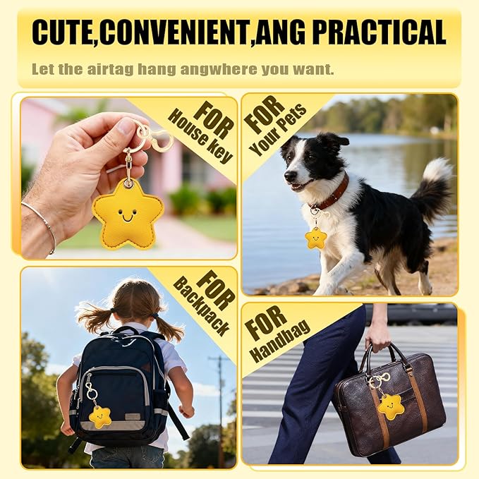 Leather Keychain for Airtag, Cute Protective Keychain Holder Compatible with Apple Air Tag,GPS Item Tracker Case Cover for Keys,Bags,Pets,Luggage(Star)