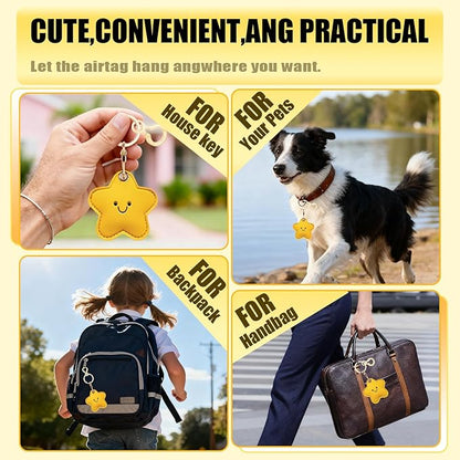 Leather Keychain for Airtag, Cute Protective Keychain Holder Compatible with Apple Air Tag,GPS Item Tracker Case Cover for Keys,Bags,Pets,Luggage(Star)