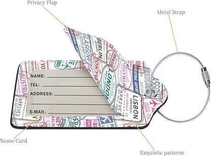 2 Pcs Luggage Tags for Suitcase, Cute Unique PU Leather Travel Bag Tag with Privacy Cover ID Label Address Card and Durable Metal Ring Suitable for Men Women Children Backpack,Stamp Seal