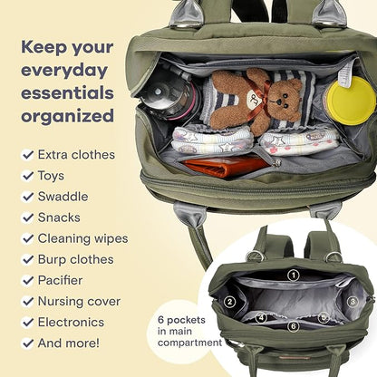 RUVALINO Diaper Bag Backpack-Expandable Baby Bag with up to 50% Capacity -Baby Essentials Bag with Changing Pad Insulated Bottle Holders & Pacifier Case, Waterproof, Army Green XL