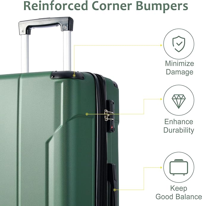 Merax Luggage Sets 3 Piece, Hardshell ABS Lightweight Durable Suitcases with Double Spinner Wheels, Green, 20/24/28 Inch