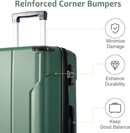 Merax Luggage Sets 3 Piece, Hardshell ABS Lightweight Durable Suitcases with Double Spinner Wheels, Green, 20/24/28 Inch