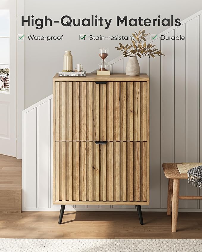Shoe Storage Cabinet, Fluted Shoe Cabinet Storage for Entryway, Hidden Shoe Cabinet with Metal Legs,Shoe Organizer Cabinet with Flip Doors, Slim Entryway Shoe Storage Cabinet,Natural Wood-23.5in