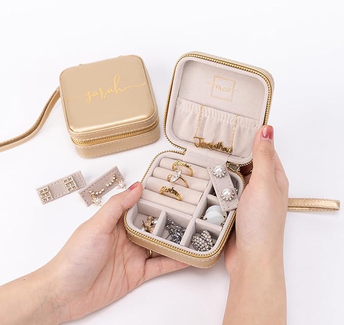 Angelina's Palace Personalized Jewelry Case with Name Engraved,Custom Leather Travel Jewelry Organizer Box for Rings,Earrings,Necklaces,Birthday Bridesmaid Gift For Women