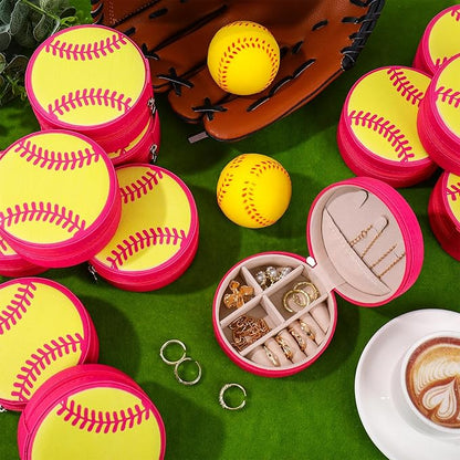 12Pcs Softball Mini Travel Jewelry Case Yellow Hot Pink Round Softball Jewelry Organizer Sport Portable Storage Box for Rings Earrings Necklaces