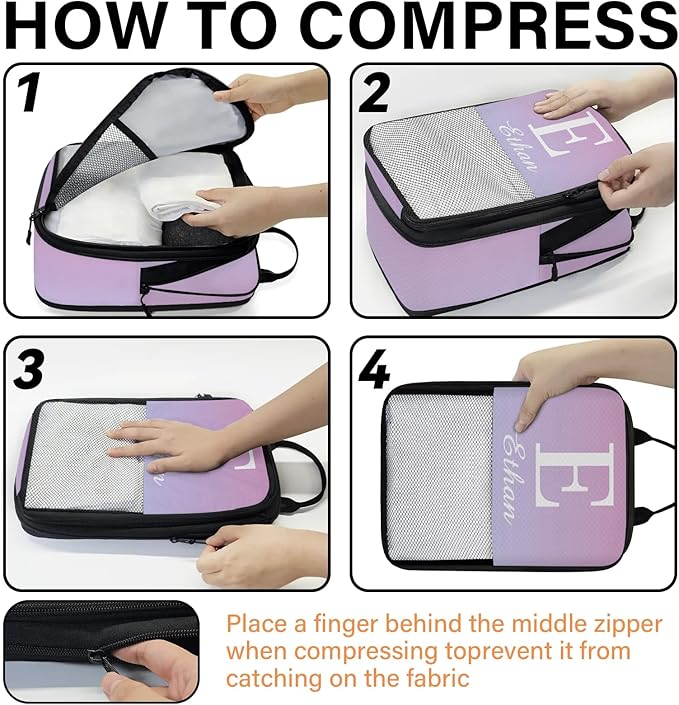 Custom 6 Set Compression Packing Cubes with Name Initial Personalized Compressible Expandable Packing Organizers Luggage Carry On Suitcase Bags Travel Accessories Gifts, Blue Pink