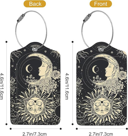 2Pack Luggage Tags for Suitcases, Cute Unique Pu Leather Cruise Luggage Tag with Privacy Cover ID Label Address Card and Metal Ring Suitable for Women Men Kids Travel Bag Sun, Moon, Face and Flower