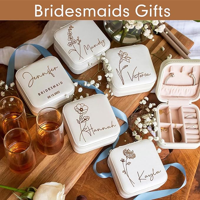 DayOfShe Personalized Travel Jewelry Box with Name and Birth Flower,Personalized Bridesmaid Gifts for Women Custom Small Travel Jewelry Case Stocking Stuffers Women Teen Girls Gifts