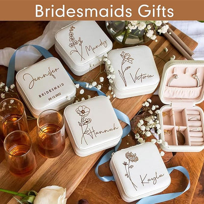 DayOfShe Personalized Travel Jewelry Box with Name and Birth Flower,Personalized Bridesmaid Gifts for Women Custom Small Travel Jewelry Case Stocking Stuffers Women Teen Girls Gifts