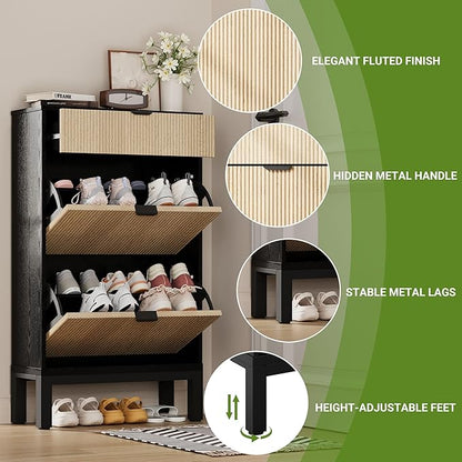 GAOMON Shoe Cabinet with 2 Flip Drawers, Entryway Cabinet with Adjustable Shelves, Accommodate 8 to 12 Pair of Shoes, Space-Saving Slim Shoe Cabinet for Entryway, Hallway, Front Door, Black Oak