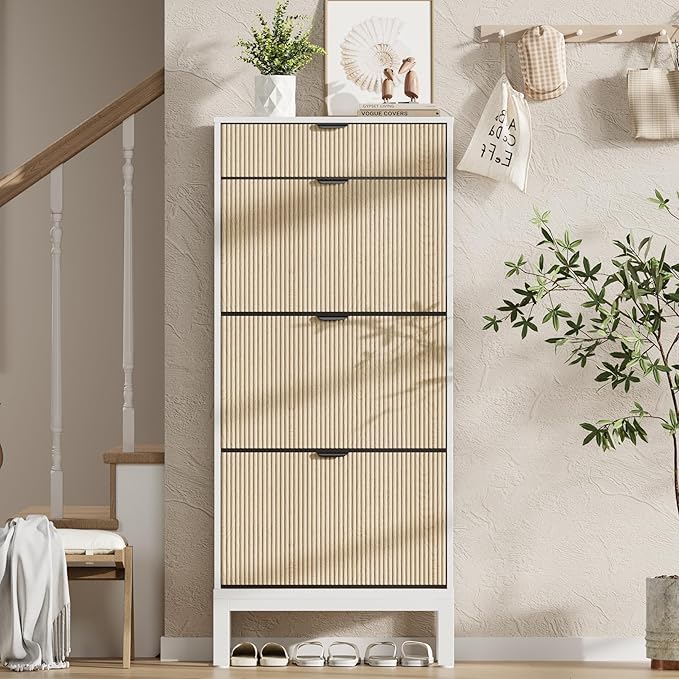 GAOMON Shoe Cabinet with 3 Flip Drawers, Entryway Cabinet with Adjustable Shelves, Accommodate 12 to 18 Pair of Shoes, Space-Saving Slim Shoe Cabinet for Entryway, Hallway, Front Door, White Oak