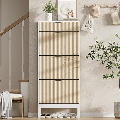 GAOMON Shoe Cabinet with 3 Flip Drawers, Entryway Cabinet with Adjustable Shelves, Accommodate 12 to 18 Pair of Shoes, Space-Saving Slim Shoe Cabinet for Entryway, Hallway, Front Door, White Oak
