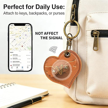 Initial Letter Leather Alphabet Keychain Holder Case Compatible with AirTag,Cute Protective Air Tag Cover with Bronze Keyring,Anti-Scratch Finder GPS Tracker Case for Pets Keys Wallet Luggage(V)