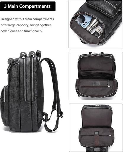 LANNSYNE Full Grain Leather Backpack For Men, 15.6" Leather Laptop Backpack Hiking Travel Bag Camping Rucksack