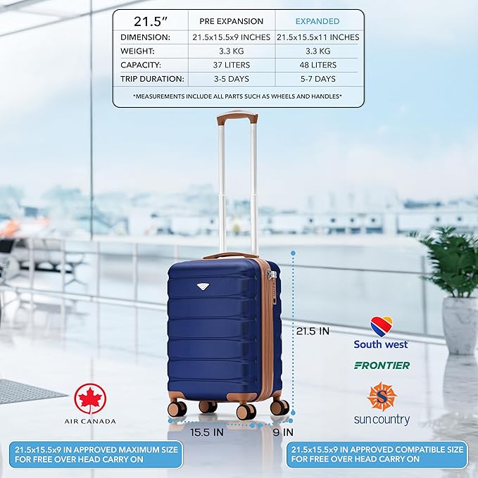 Flight Knight 21.5x15.5x9" Expandable Carry On Suitcase Hardside TSA Lock & USB C Port Lightweight Luggage Silent Double Spinner Wheels Maximum Canada Air Overhead Carry-On Bag Many Airlines Approved