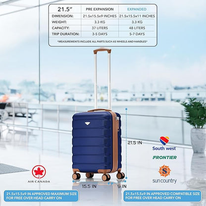 Flight Knight 21.5x15.5x9" Expandable Carry On Suitcase Hardside TSA Lock & USB C Port Lightweight Luggage Silent Double Spinner Wheels Maximum Canada Air Overhead Carry-On Bag Many Airlines Approved