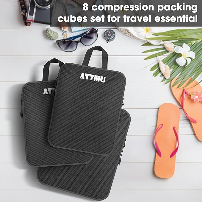 8 Set Compression Packing Cubes for Travel, Expandable Compression Cubes for Suitcases, Lightweight Suitcase Organizer with Shoes & Laundry Bags, Travel Accessories for Men Women
