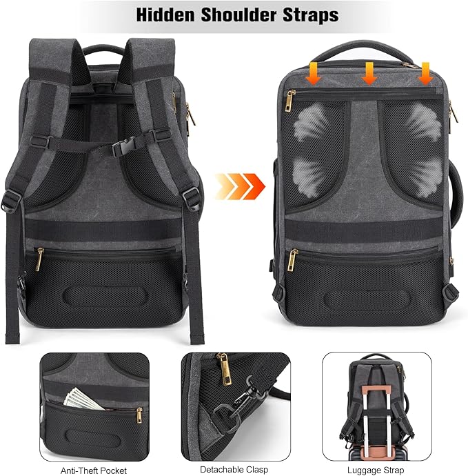 Tzowla 40L Canvas Expandable Travel Laptop Backpack for Men Women Carry on Flight Approved,Large Capacity Anti Theft Backpacks with USB Port,Vintage Personal Item Bag Fit 17.3" Laptop(Black & Blue)