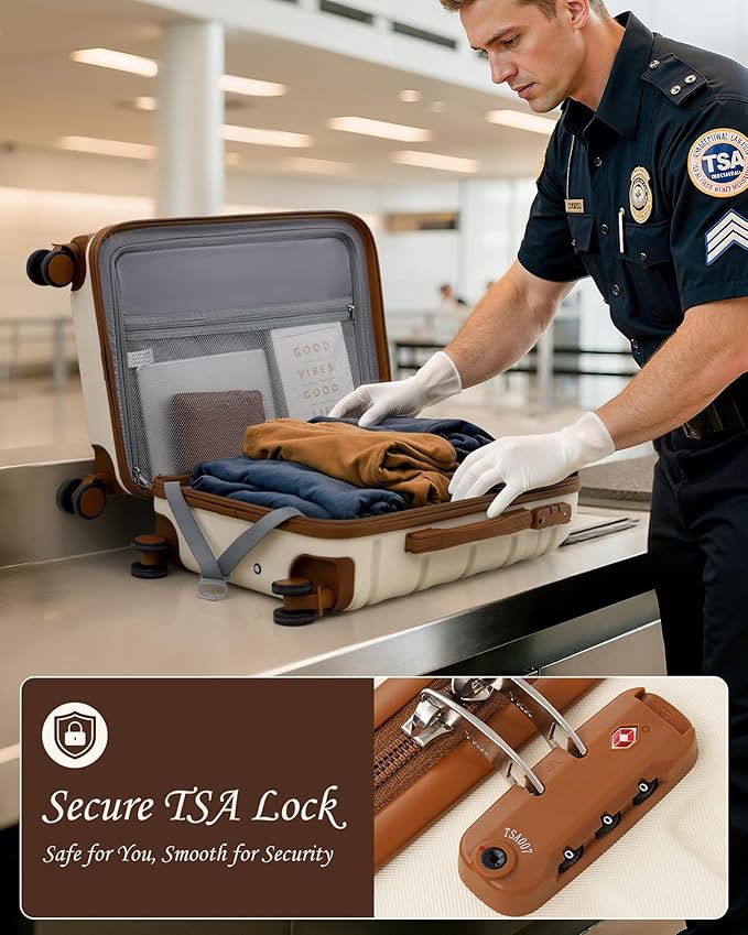 TAKUMI Carry On Luggage Set 3 Piece ABS+PC Hardshell Suitcases with Duffel Bag Double Spinner Wheels Travel Luggage with TSA Lock Lightweight Suitcase Set(WHITE BROWN, 3 PIECE SET(20/DB/TB))