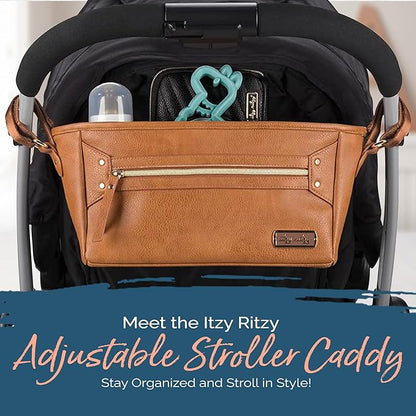 Itzy Ritzy Adjustable Stroller Caddy and Organizer Bag Featuring Front Zippered Pocket, 2 Built-in Interior Pockets & Adjustable Straps to Fit Nearly Any Stroller (Cognac)