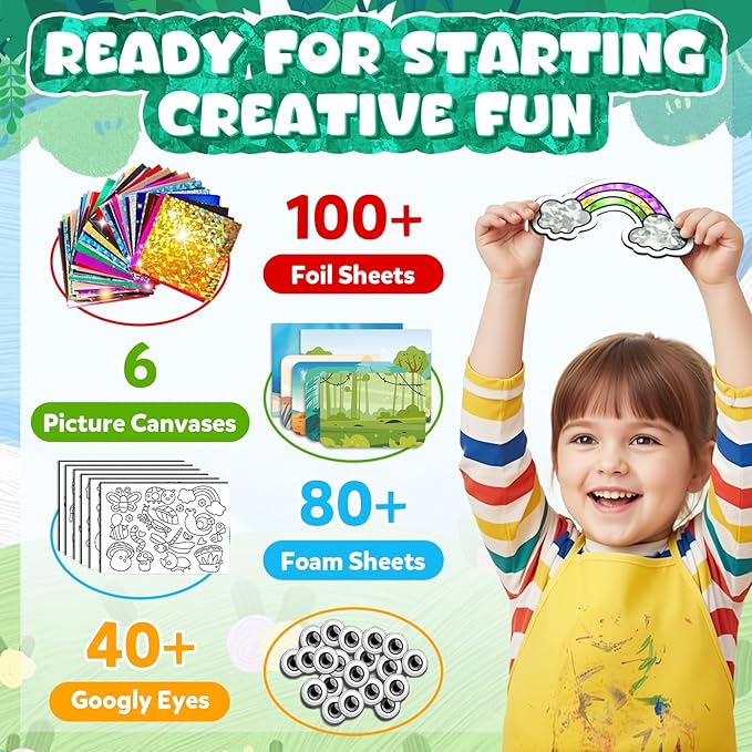 YoPoll Foil Art Craft Kits for Kids, Mess-Free DIY Creative Activity Set, Fun Arts and Crafts Toys for Boys & Girls, Peel & Press Foil Art Kit for Kids, Travel Toy and Birthday Gift (Animals)